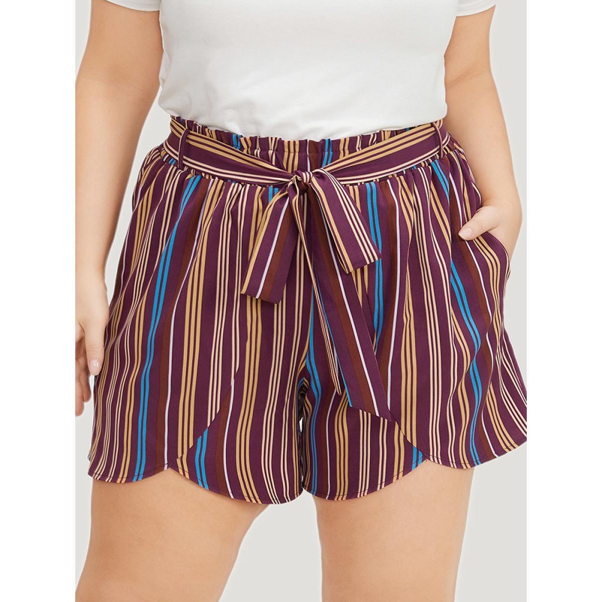 Plus Size Colour Striped Print Belted Wrap Hem Shorts Women Multicolor Vacation Cross straps Dailywear Shorts BloomChic 22-24/3X Product Image