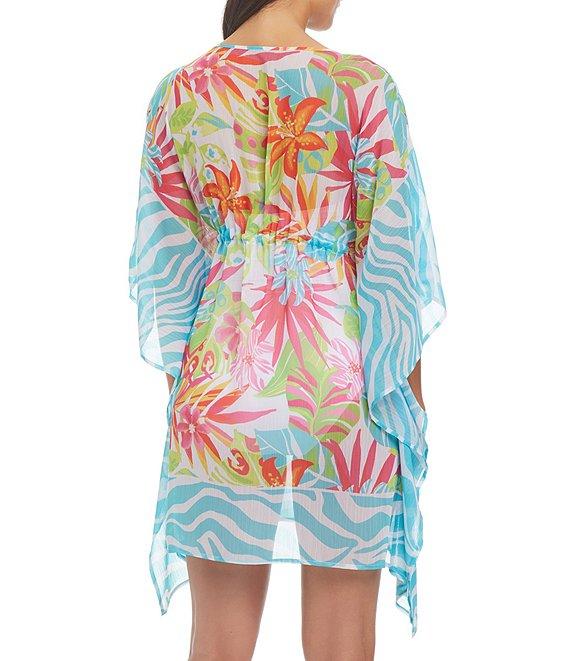Bleu Rod Beattie Packing A Punch Floral V-Neck Short Sleeve Caftan Swim Cover-Up Product Image