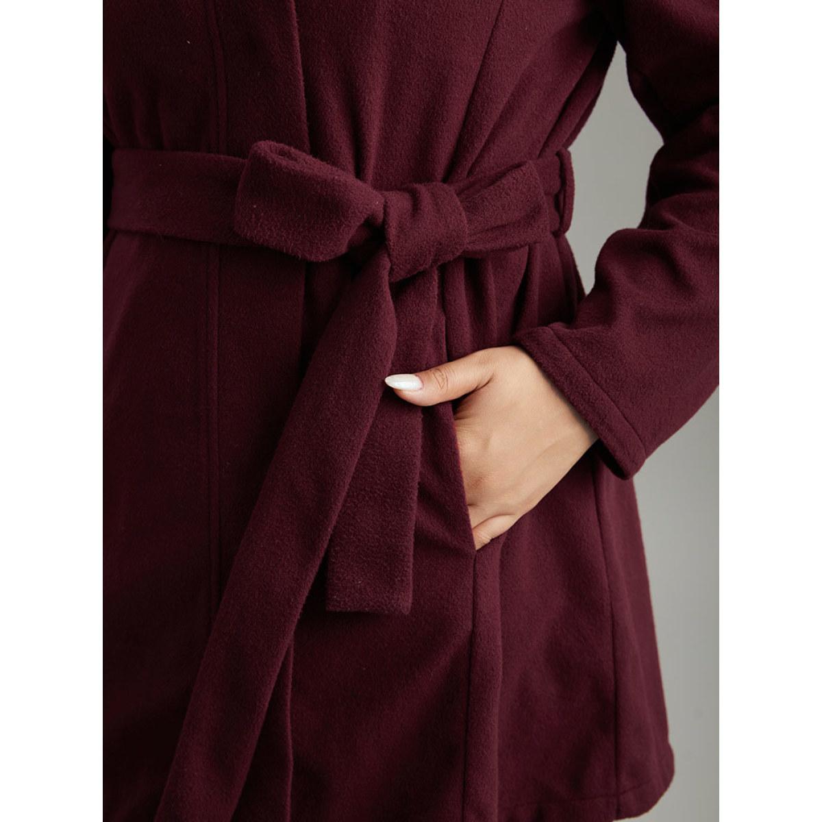 Plus Size Solid Button Fly Stand Collar Belted Pocket Coat Women Burgundy Casual Plain Ladies Everyday Winter Coats BloomChic 26/4X Product Image