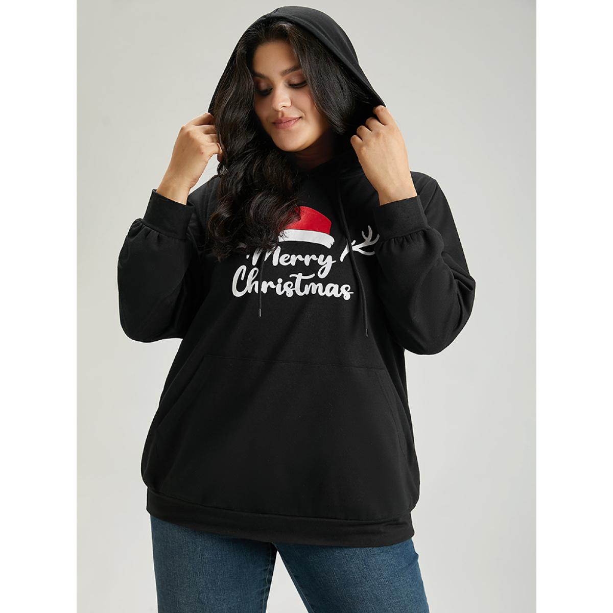 Plus Size Christmas Letter Hooded Drawstring Pocket Sweatshirt Women Black Casual Elastic cuffs Festival-Christmas Sweatshirts BloomChic 28/5X Product Image