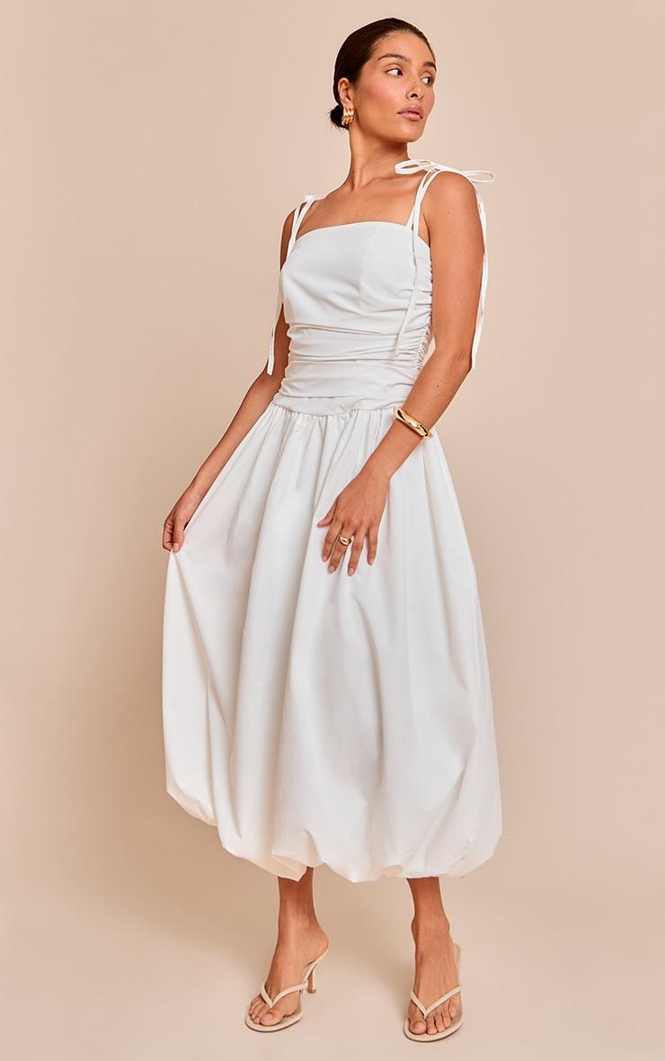Petite White Spaghetti Strap Puff Midi Dress Product Image