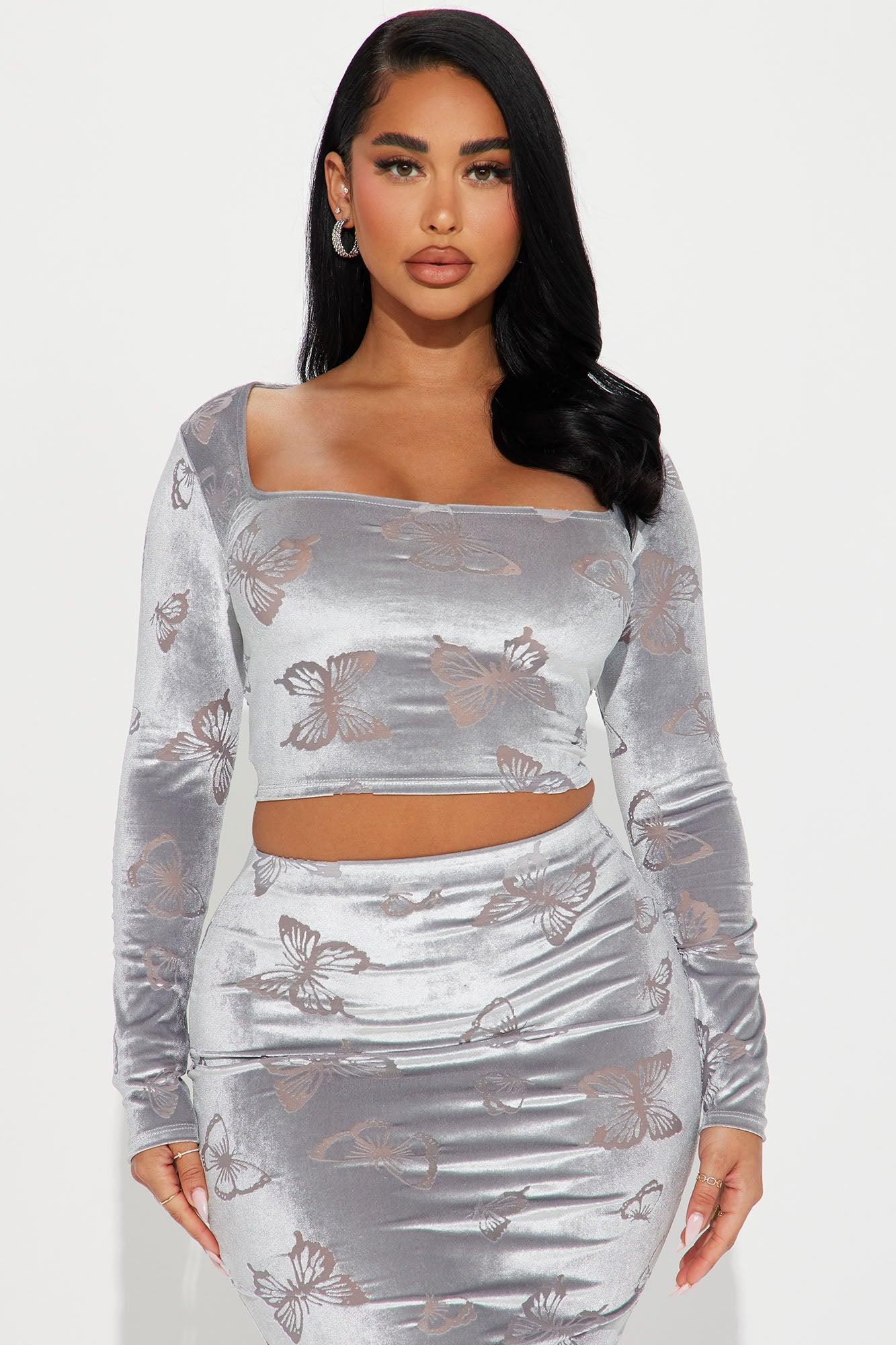 Lea Butterfly Velvet Skirt Set - Grey Product Image