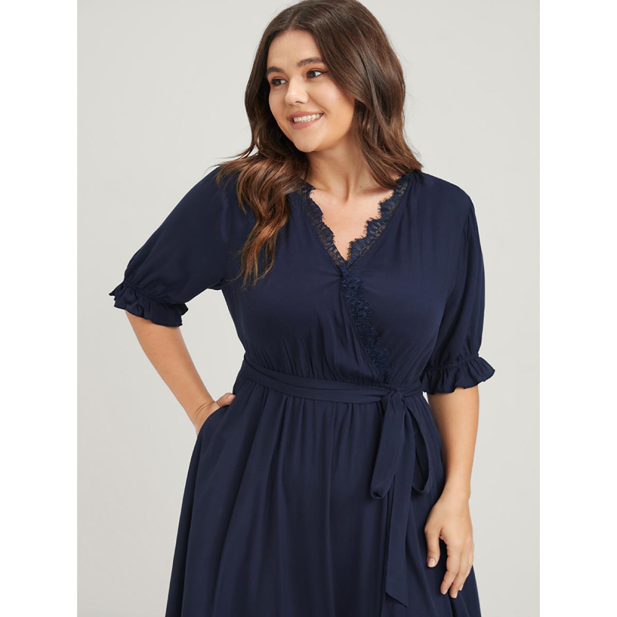 Plus Size Solid Knotted Pocket Lace Trim Wrap Maxi Dress Navy Women Elegant Patchwork V-neck Half Sleeve Curvy Midi Dress BloomChic 10/M Product Image