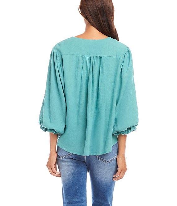 Karen Kane Linen Button Front V-Neck 3/4 Blouson Sleeve Blouse Product Image