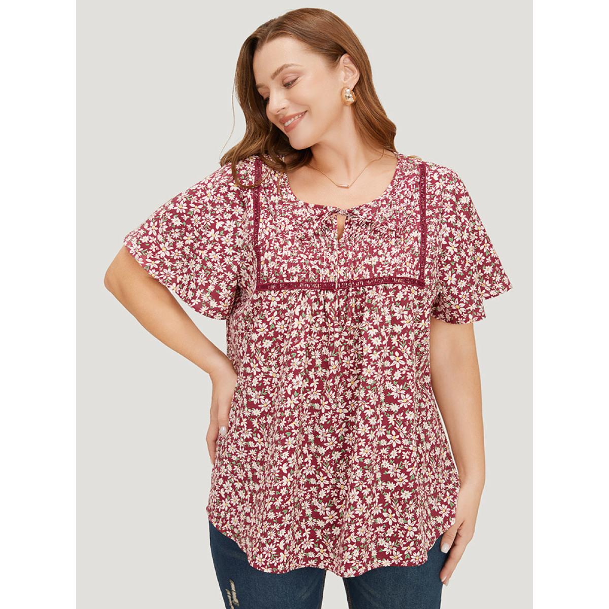 Plus Size RedViolet Ditsy Floral Lace Gathered Tie Neck Blouse Women Elegant Short sleeve Tie Neck Dailywear Blouses BloomChic 10/M Product Image