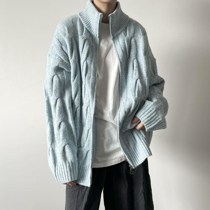 Stand Collar Plain Cable Knit Zip Cardigan Product Image