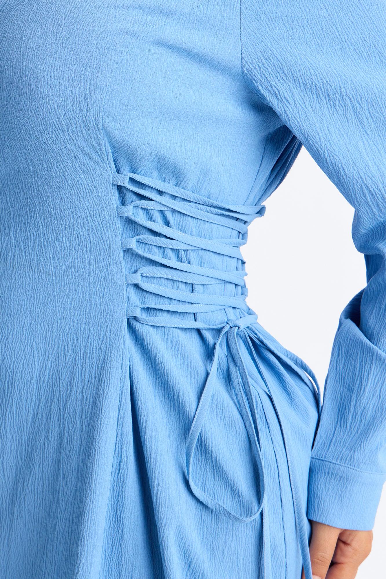 Josephine Collar Long Sleeve Midi Dress - Blue Female Product Image