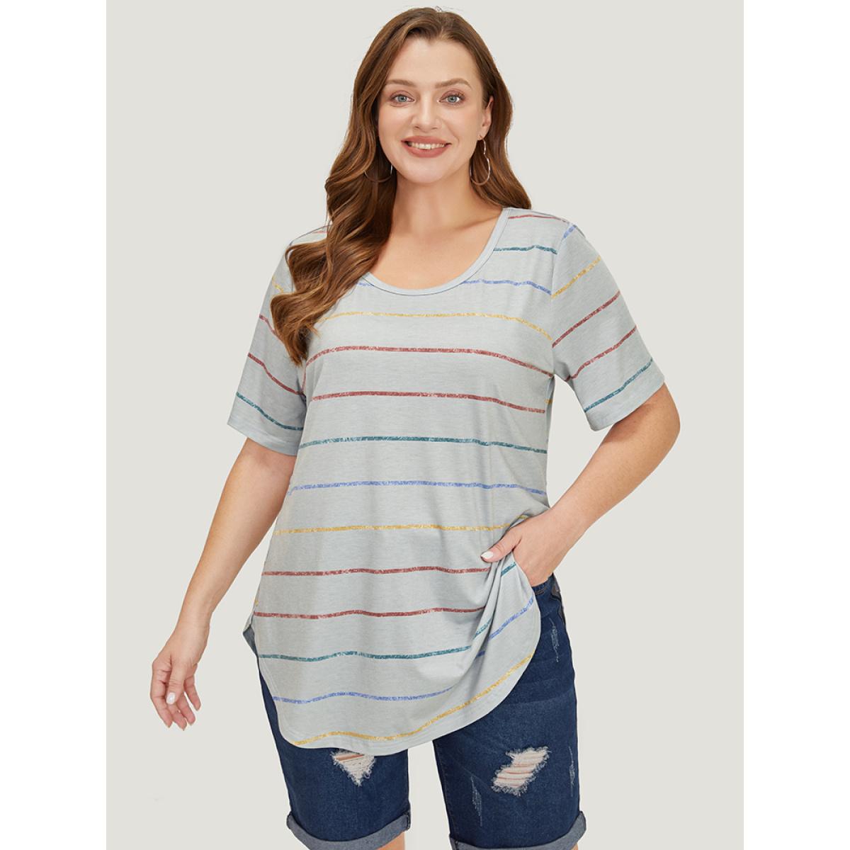 Plus Size Rainbow Striped Arc Hem T-shirt Gray Women Casual Contrast Striped Round Neck Dailywear T-shirts BloomChic 28/5X Product Image