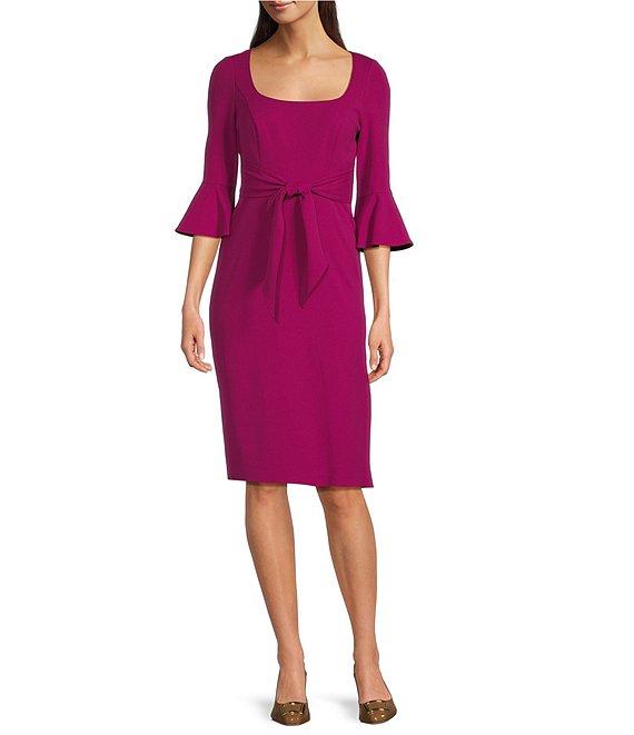 Adrianna Papell Stretch Square Neck 3/4 Bell Sleeve Tie Front Dress Product Image