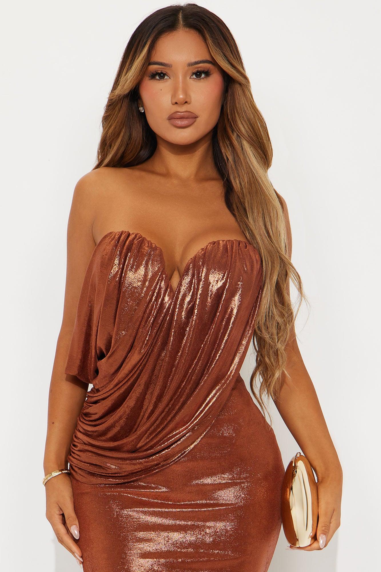 Margaret Metallic Draped Gown - Brown Female Product Image