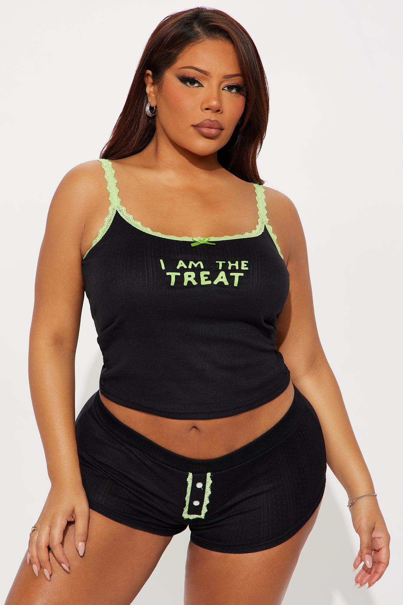 I Am The Treat Halloween 2 Piece Pointelle Cami And Panty Set - Black/Green Female Product Image