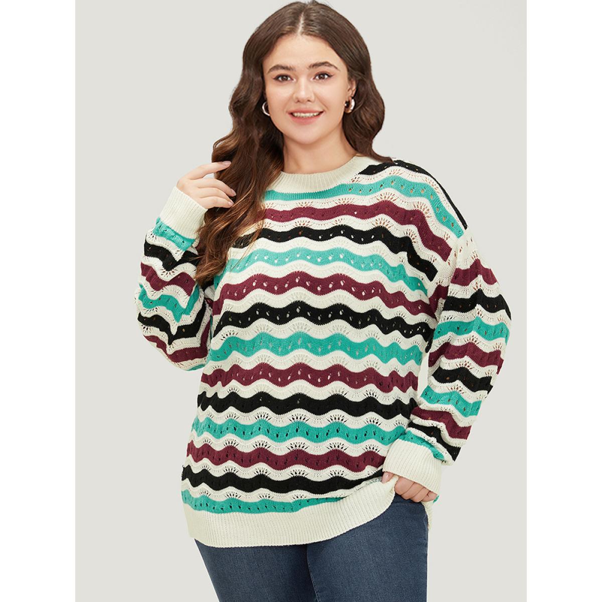 Plus Size Contrast Water Ripple Cut Out Elastic Cuffs Pullover Multicolor Women Casual Loose Long Sleeve Round Neck Dailywear Pullovers BloomChic 12/L Product Image