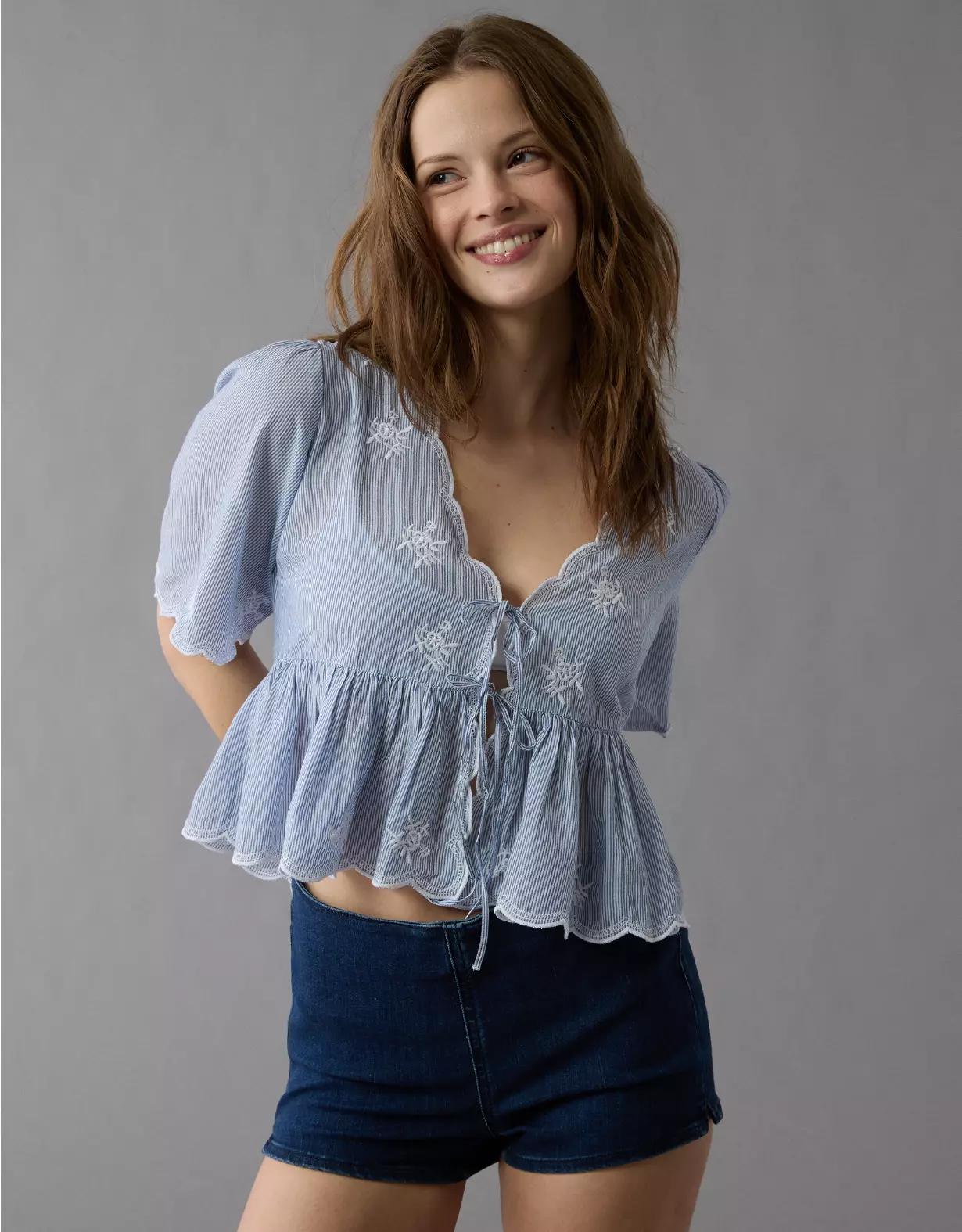 AE Embroidered Tie Front V-Neck Blouse Product Image