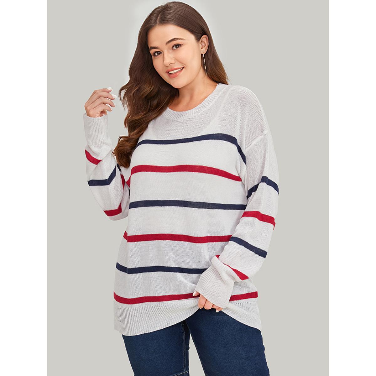 Plus Size Striped Contrast Drop Shoulder Pullover White Women Casual Bodycon Long Sleeve Round Neck Dailywear Pullovers BloomChic 18-20/2X Product Image