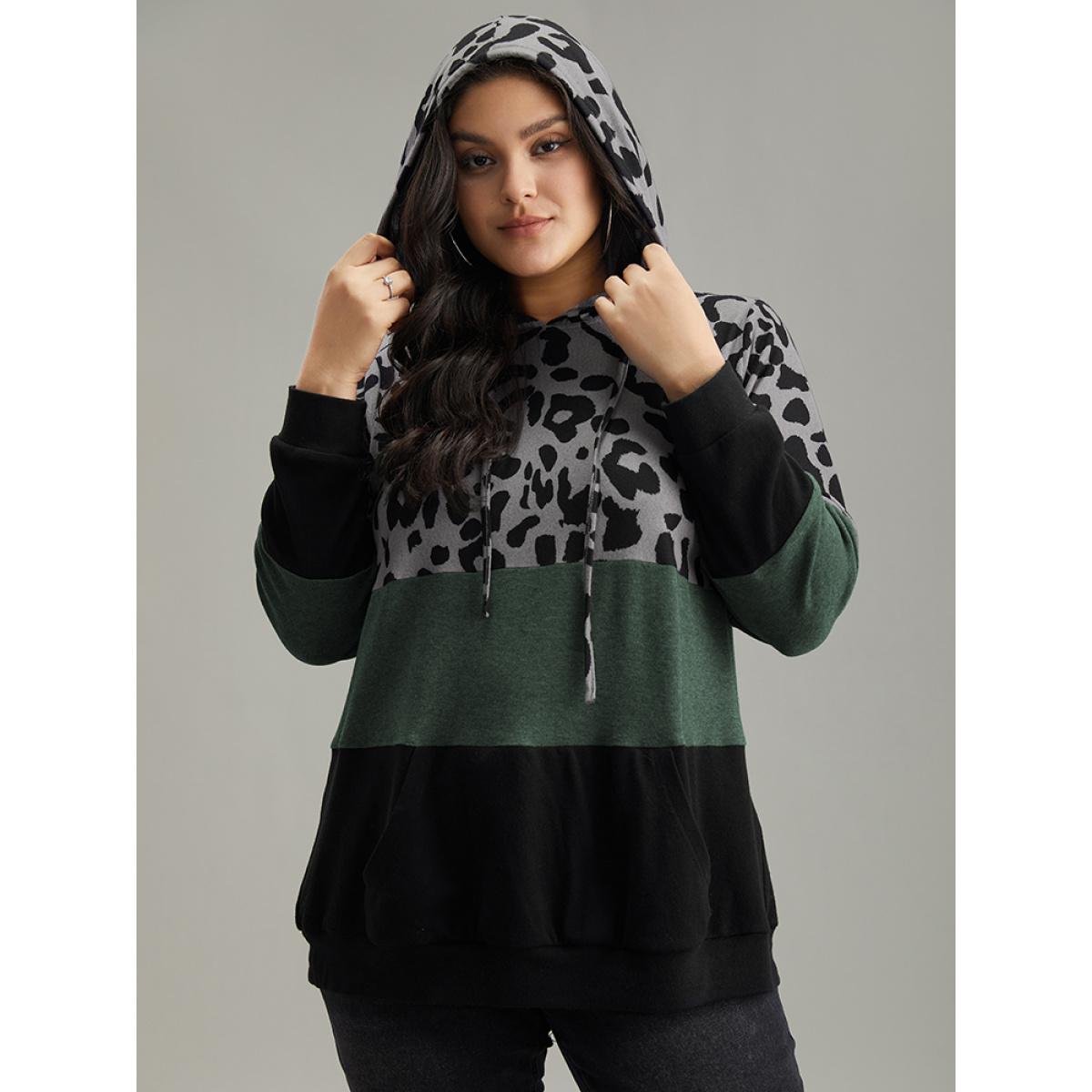 Plus Size Leopard Colorblock Contrast Hooded Drawstring Sweatshirt Women Green Casual Contrast Hooded Dailywear Sweatshirts BloomChic 10/M Product Image