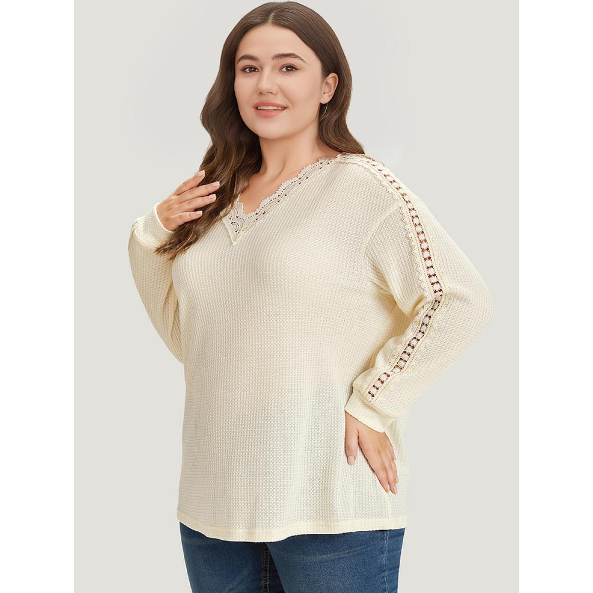 Plus Size Solid Crochet Lace V Neck Sweatshirt Women Ivory Elegant Lace V-neck Dailywear Sweatshirts BloomChic 14-16/1X Product Image