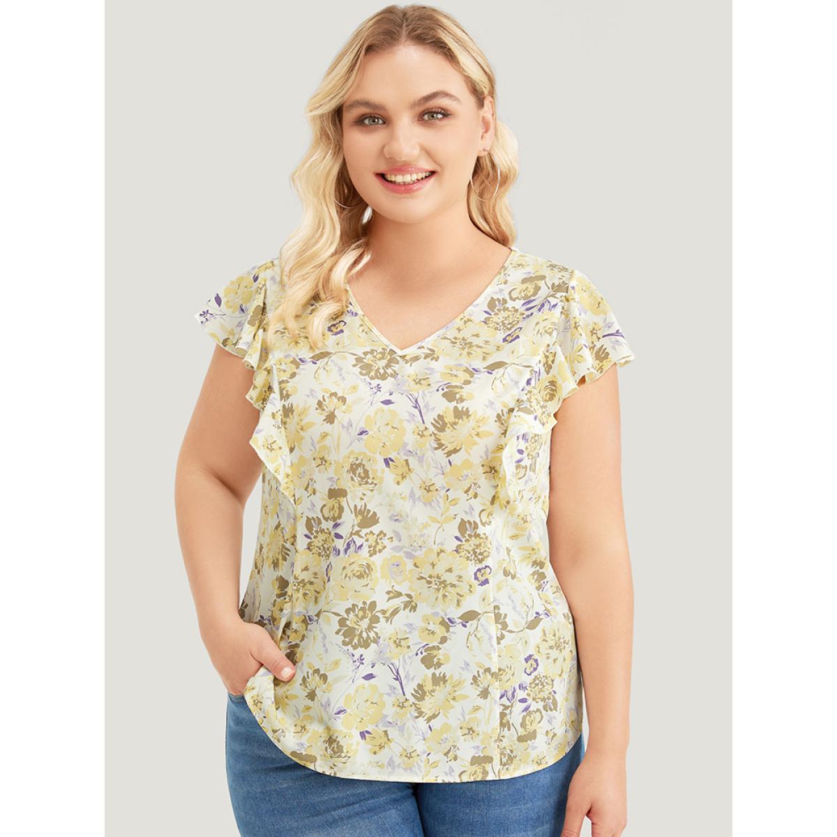 Plus Size White Floral Print V Neck Ruffle Trim Cap Sleeve Blouse Women Elegant Cap Sleeve V-neck Dailywear Blouses BloomChic 28/5X Product Image