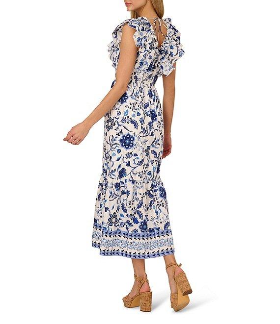 Adrianna by Adrianna Papell Cotton Floral Print V-Neck Cap Sleeve Fit and Flare Maxi Dress Product Image