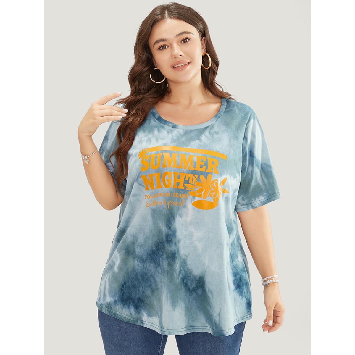 Plus Size Tie Dye Round Neck Letter Graphic T-shirt SlateGray Women Casual Printed Letter Dailywear T-shirts BloomChic 26/4X Product Image
