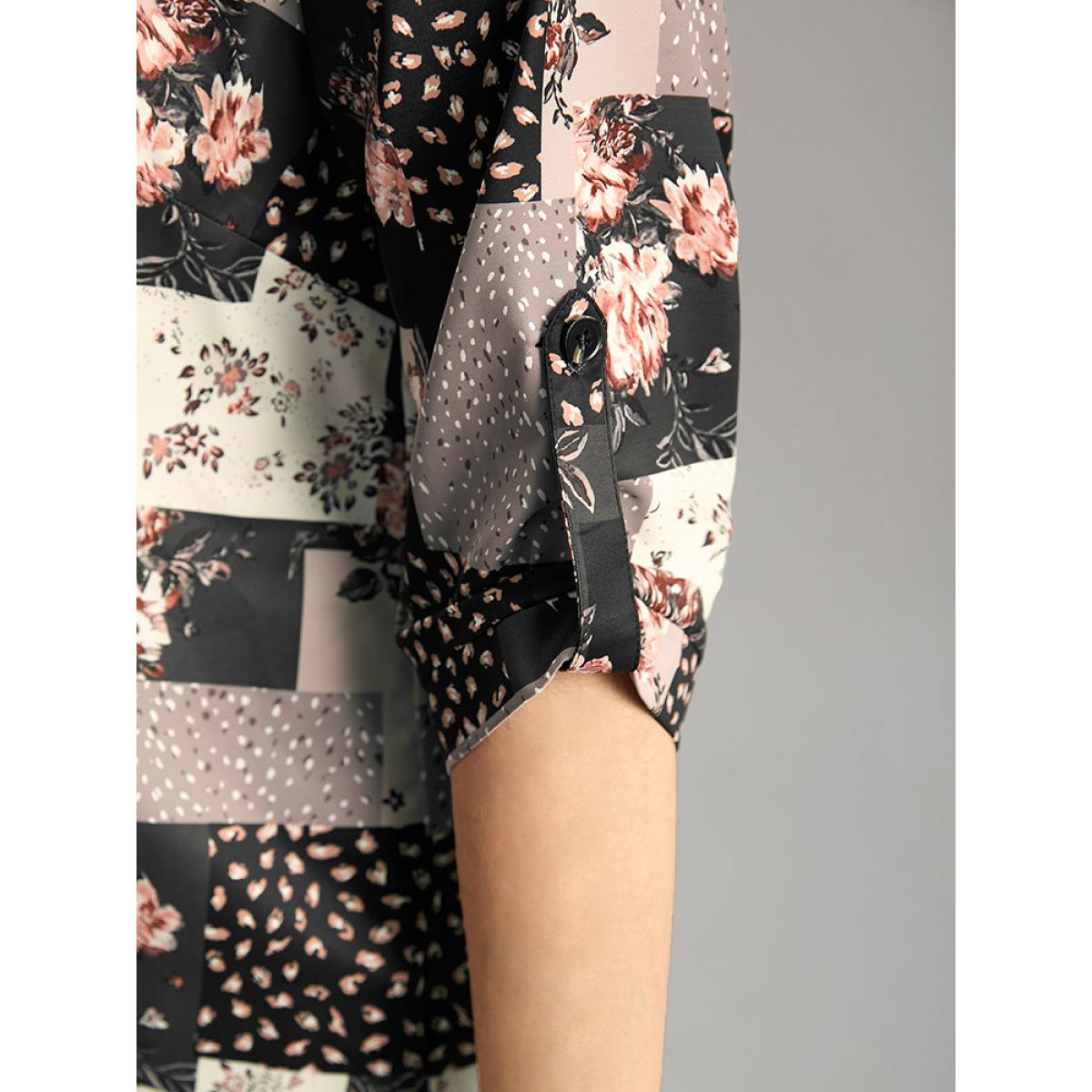 Plus Size BlackFlower Floral Colorblock Contrast Tab Sleeve Blouse Women Elegant Elbow-length sleeve V-neck Dailywear Blouses BloomChic 14-16/1X Product Image