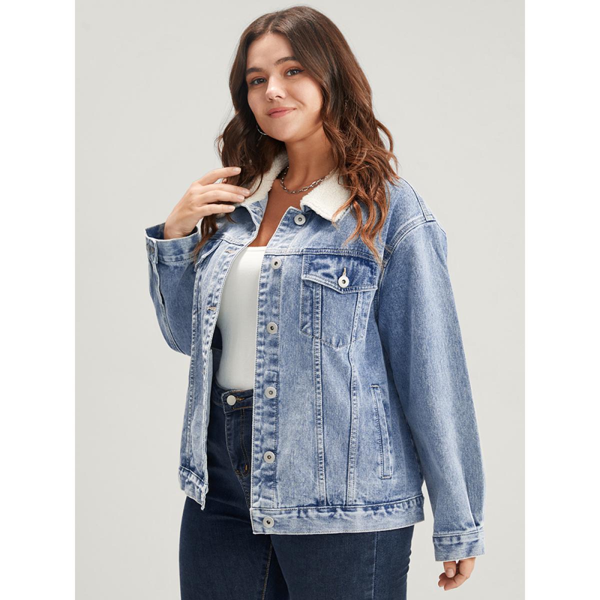 Women Solid Pocket Button Front Medium Wash Denim Jacket Aegean Plus Size Plain Dailywear Pocket Casual Denim Jackets BloomChic 18-20/2X Product Image