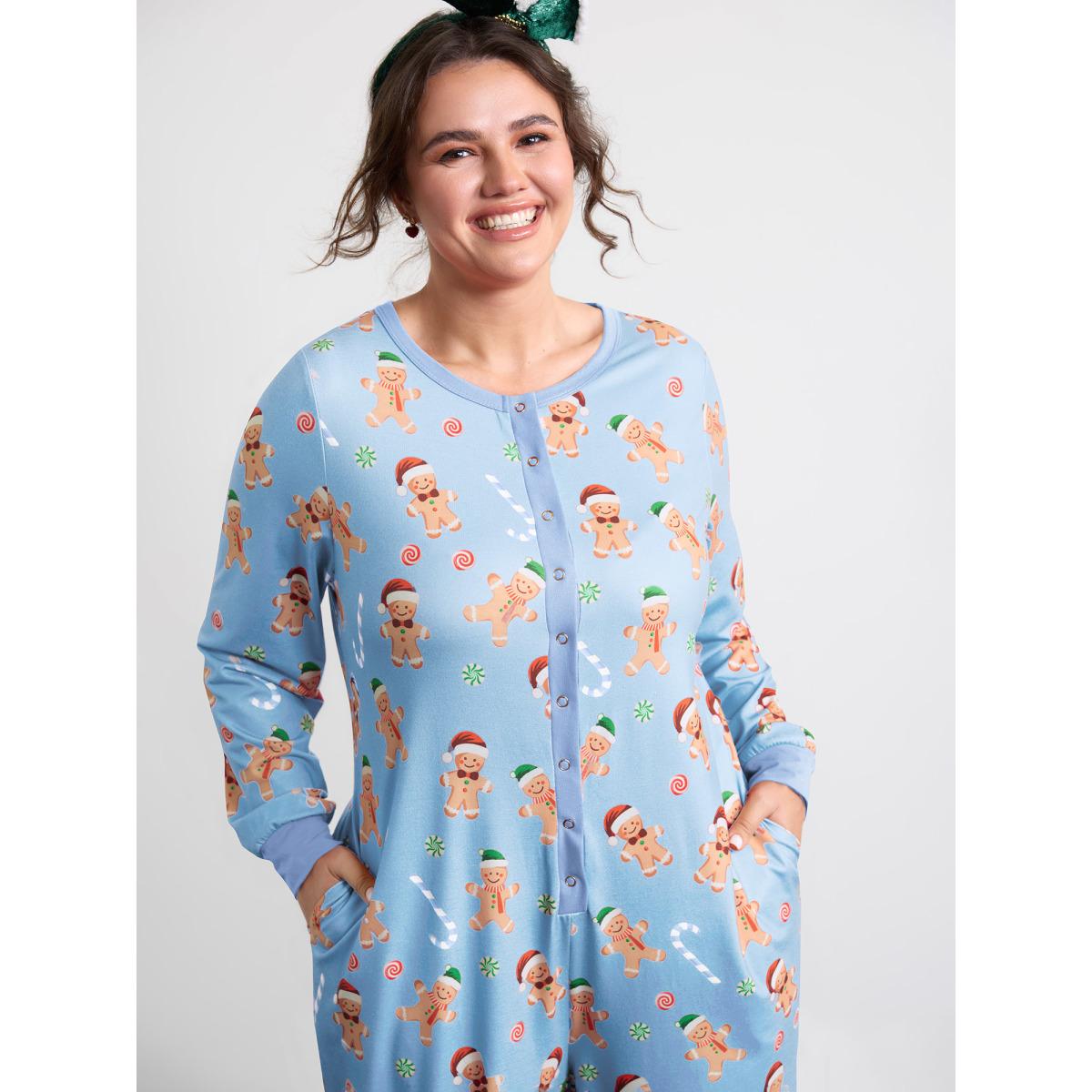 Plus Size LightBlue Gingerbread Print Button Placket Jumpsuit Women Leisure Extra Long Sleeve Round Neck Casual Loose Jumpsuits BloomChic 10/M Product Image