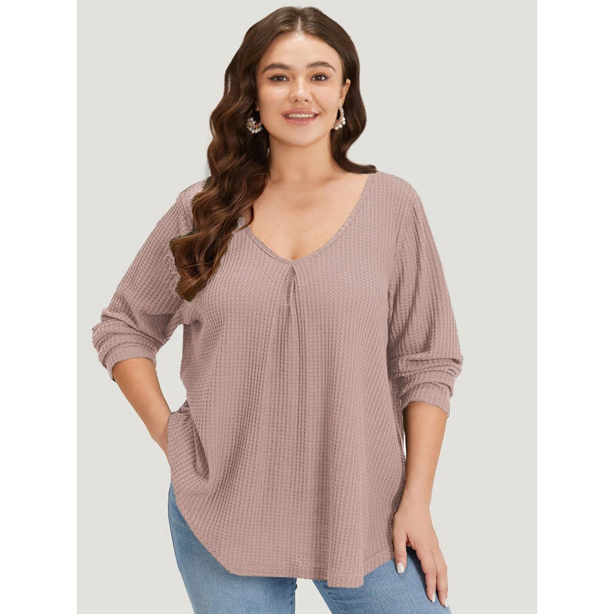 Plus Size Plain Waffle Knit Scoop Neck Plicated Detail T-shirt DustyPink Women Casual Non Plain V-neck Everyday T-shirts BloomChic 26/4X Product Image