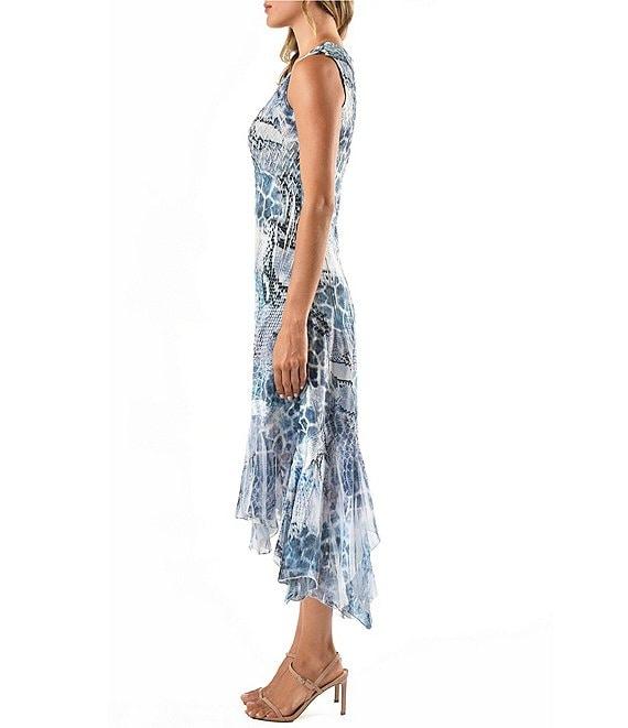 Komarov Charmeuse Chiffon Multi Print Scoop Neck Sleeveless Hanky Hem Fit and Flare Midi Dress Product Image
