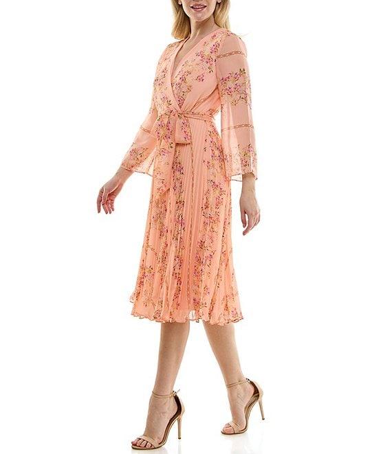 Moda Tara Long Sleeve Faux Wrap V-Neck Floral Chiffon Midi Dress Product Image