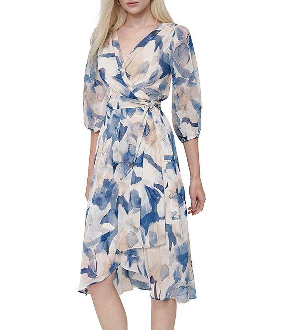 DKNY by Donna Karan Woven Floral Print V Neck 3/4 Sleeve Faux Wrap Fit and Flare Midi Dress Product Image