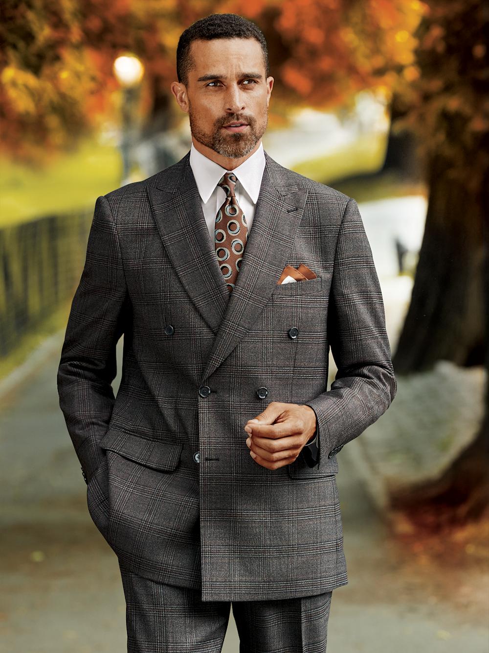 Wool Plaid Double Breasted Peak Lapel Suit - Charcoal Product Image