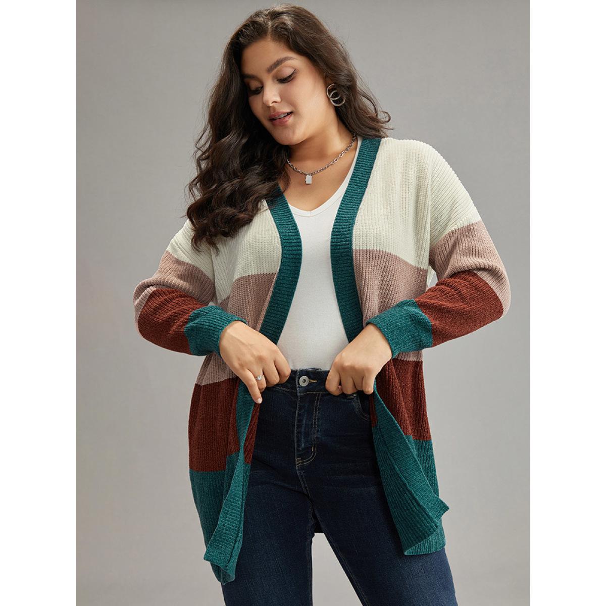 Plus Size Colorblock Contrast Open Front Cardigan Multicolor Women Casual Loose Long Sleeve Festival-Christmas Cardigans BloomChic 28/5X Product Image