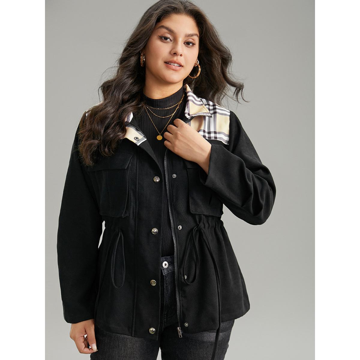 Plus Size Plaid Patchwork Drawstring Zipper Fly Flap Pocket Coat Women Black Casual Contrast Ladies Everyday Winter Coats BloomChic 28/5X Product Image