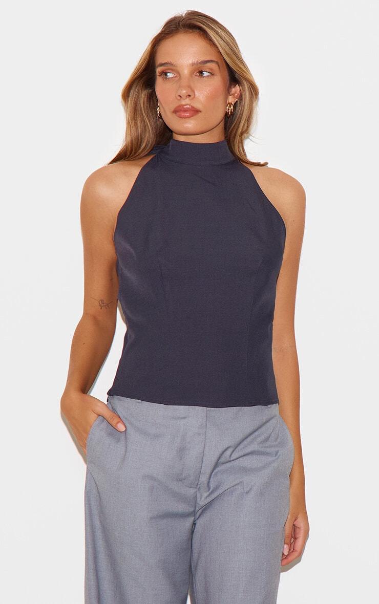 Navy Woven High Neck Tie Detail Top Product Image