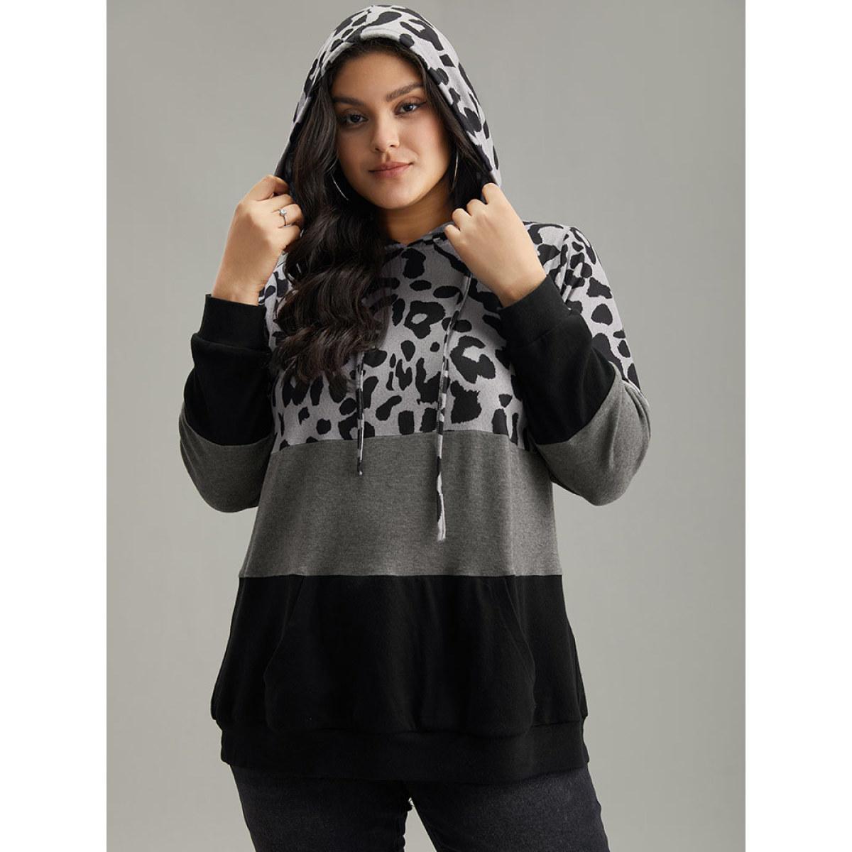 Plus Size Leopard Colorblock Contrast Hooded Drawstring Sweatshirt Women Black Casual Contrast Hooded Dailywear Sweatshirts BloomChic 10/M Product Image
