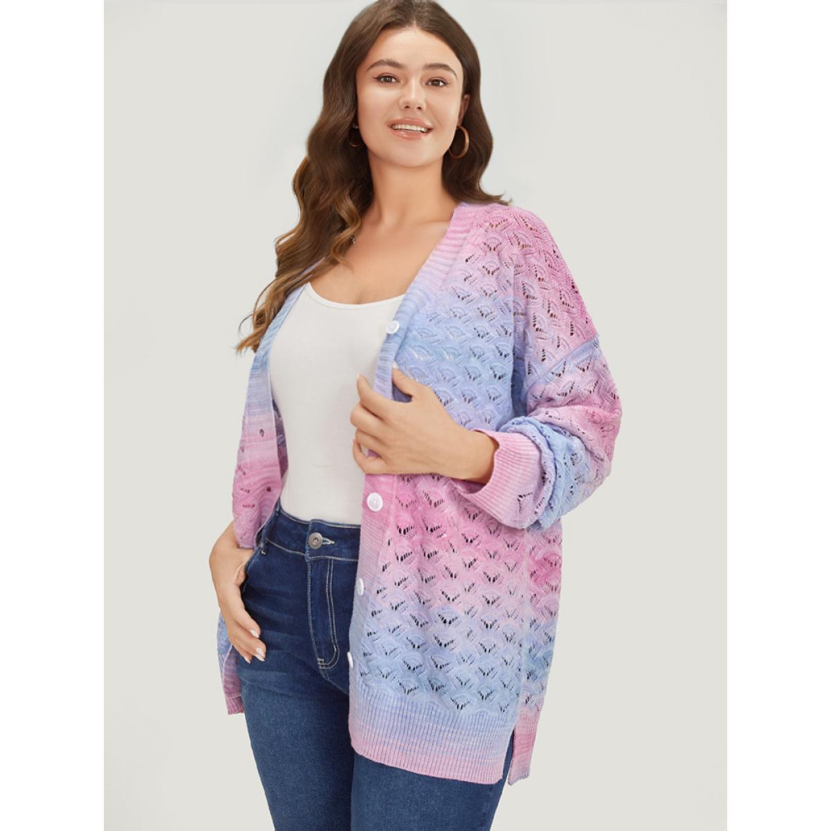 Plus Size Ombre Button Through Hollow Out Cardigan Multicolor Women Casual Loose Long Sleeve Dailywear Cardigans BloomChic 18-20/2X Product Image