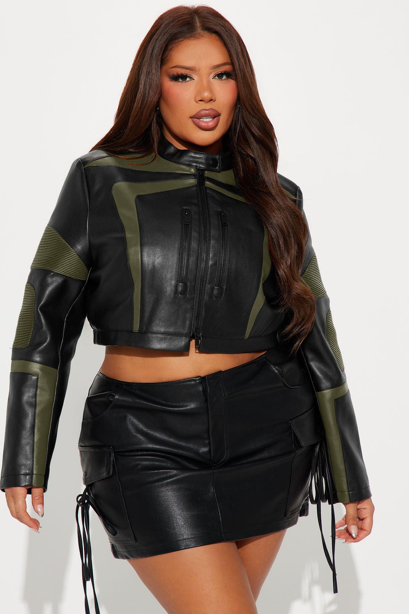 Not Like The Rest Faux Leather Moto Jacket - Olive/combo Female Product Image