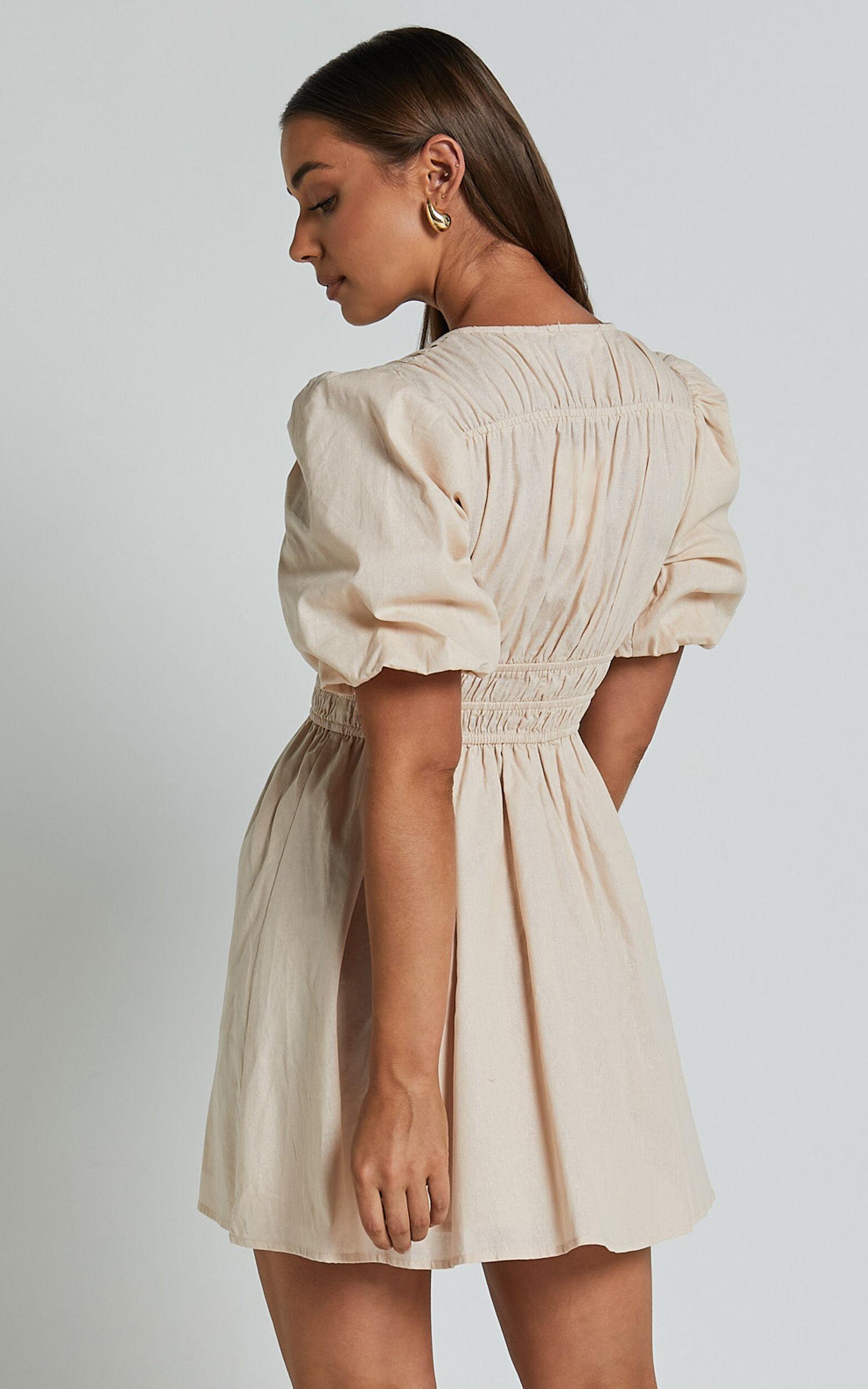 Francesca V Neck Puff Sleeves Mini Dress in Natural Product Image