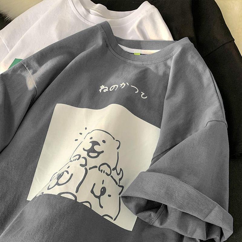 Short-Sleeve Crew Neck Cartoon Print T-Shirt Product Image