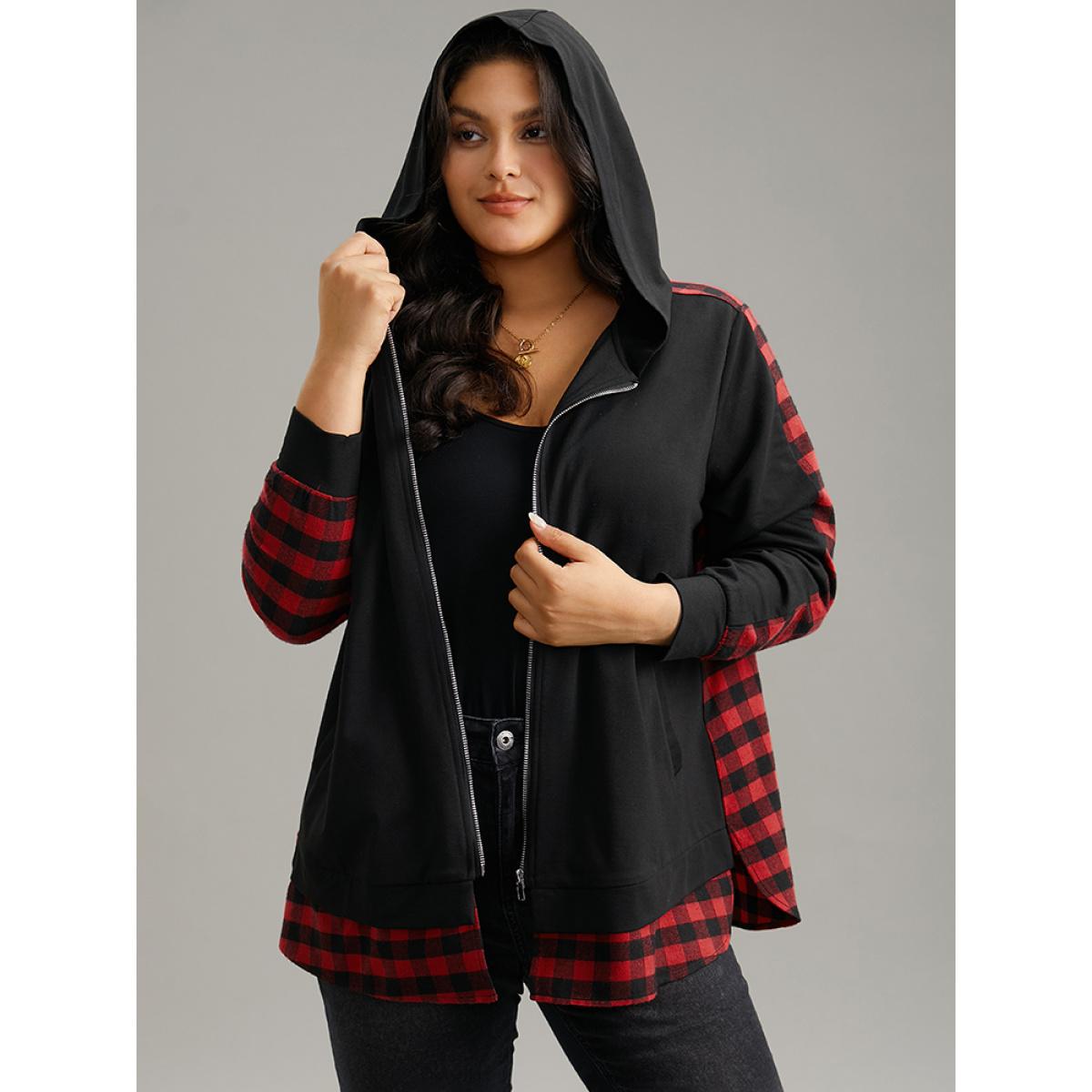 Plus Size Plaid Patchwork Zipper Hooded Asymmetrical Hem Jacket Women Black Contrast Pocket Dailywear Jackets BloomChic 18-20/2X Product Image