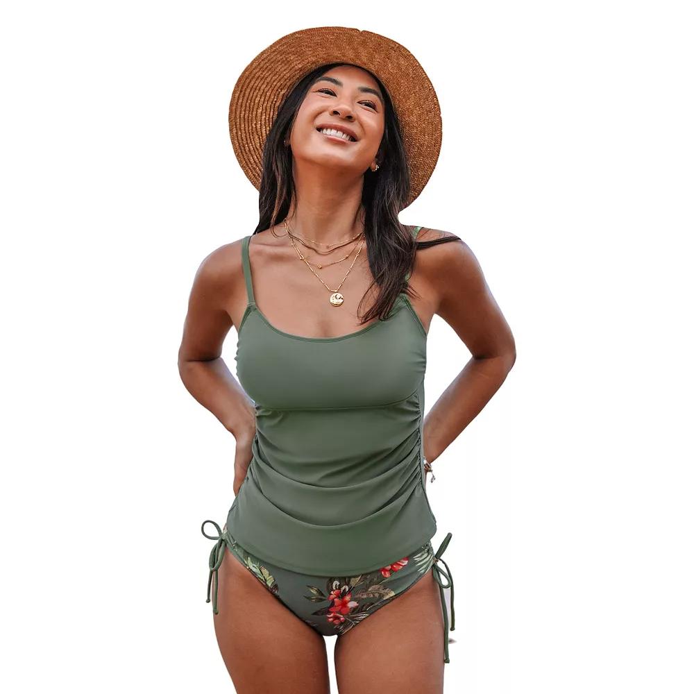 Women's Cupshe 2-Piece Ruched Tie Tankini Swim Top & Bikini Swim Bottoms Set,  Product Image