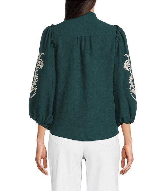 Calessa Embroidered Placement Print Ruffle Split V-Neck 3/4 Sleeve Button-Front Tunic Product Image