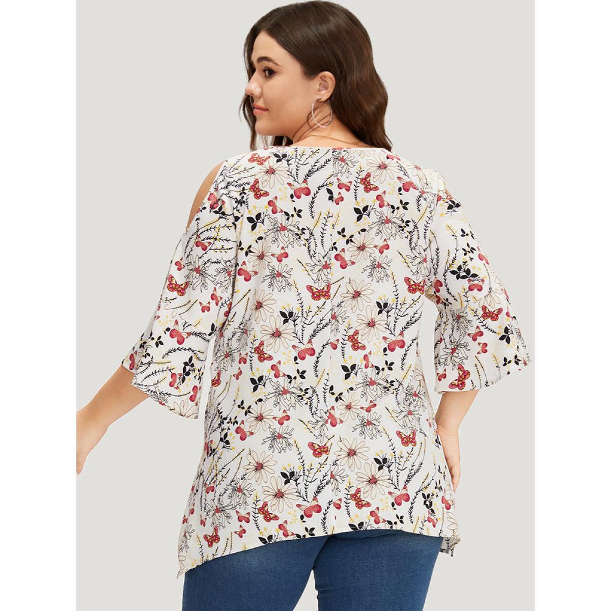 Plus Size Multicolor Butterfly & Floral Print Bell Sleeve Cut Out Blouse Women Elegant Elbow-length sleeve Round Neck Dailywear Blouses BloomChic 12/L Product Image