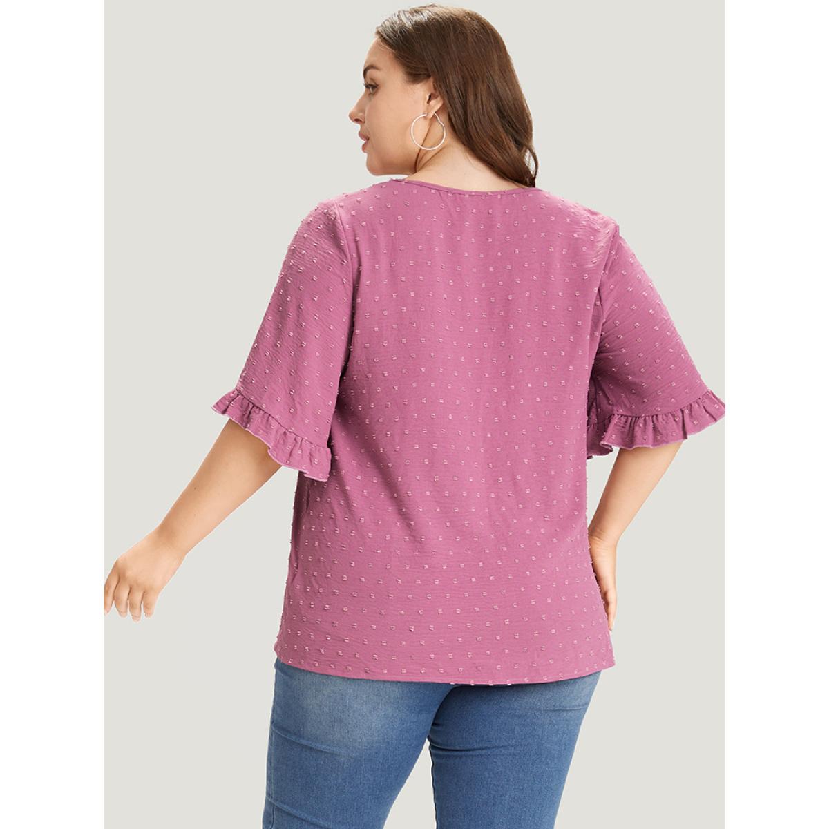 Plus Size Purple Polka Dot Flutter Trim Gathered Blouse Women Elegant Short sleeve V-neck Dailywear Blouses BloomChic 28/5X Product Image
