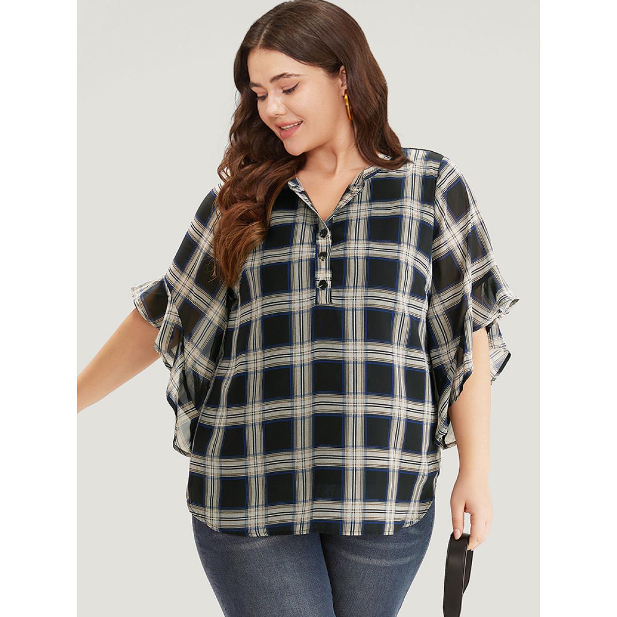 Plus Size Black Plaid Button Up Ruffles Bell Sleeve Blouse Women Office Half Sleeve Shirt collar Work Blouses BloomChic 14-16/1X Product Image