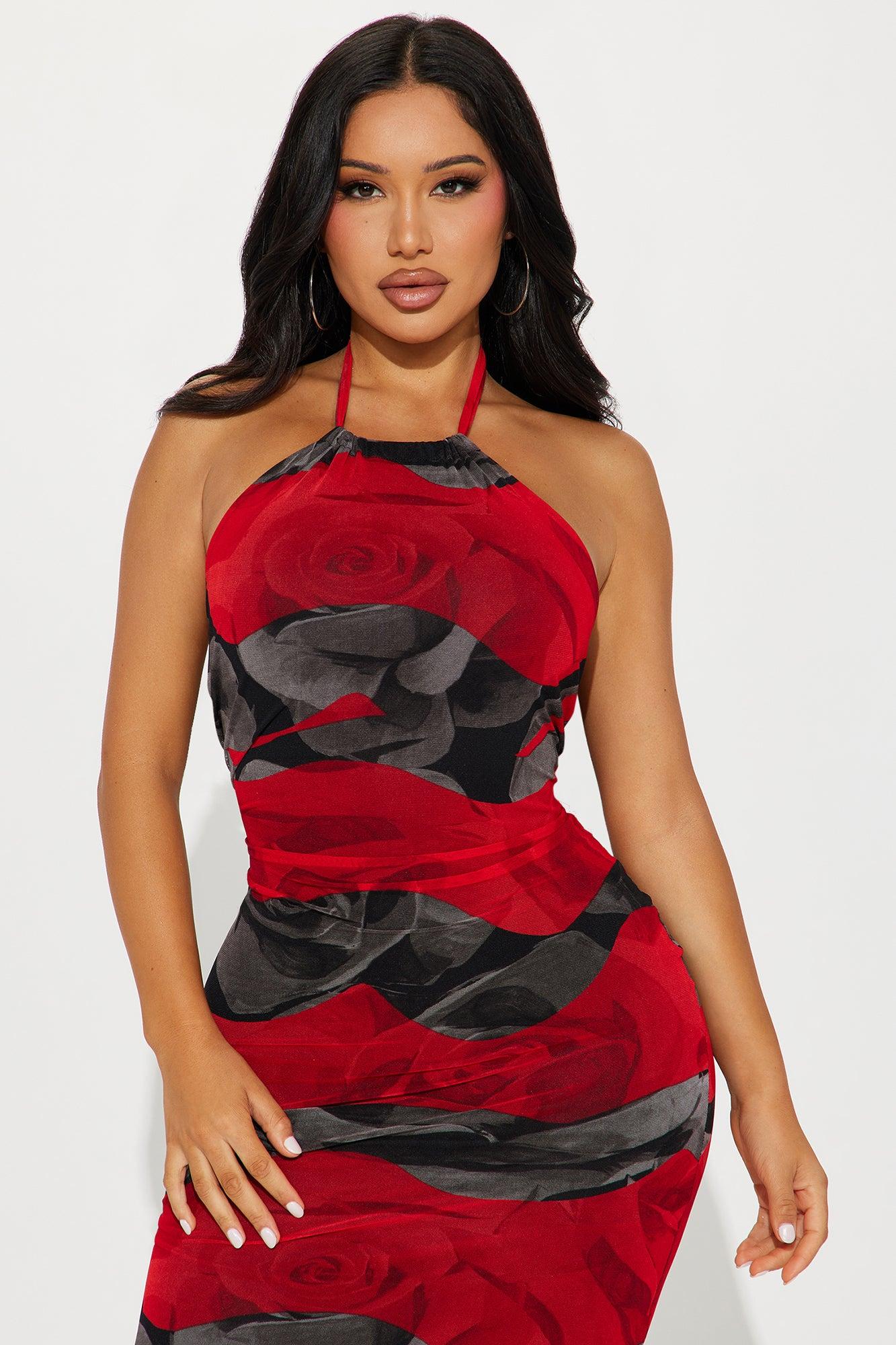 Burnin' Up Mesh Midi Dress - Red/combo Product Image