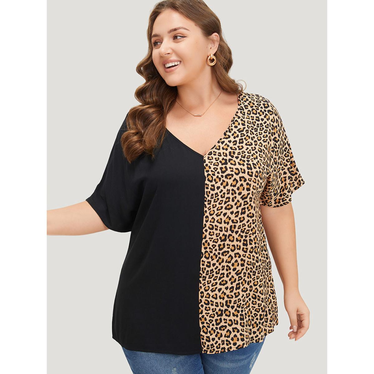 Plus Size Black Leopard Patchwork Dolman Sleeve Blouse Women Elegant Short sleeve V-neck Dailywear Blouses BloomChic 22-24/3X Product Image