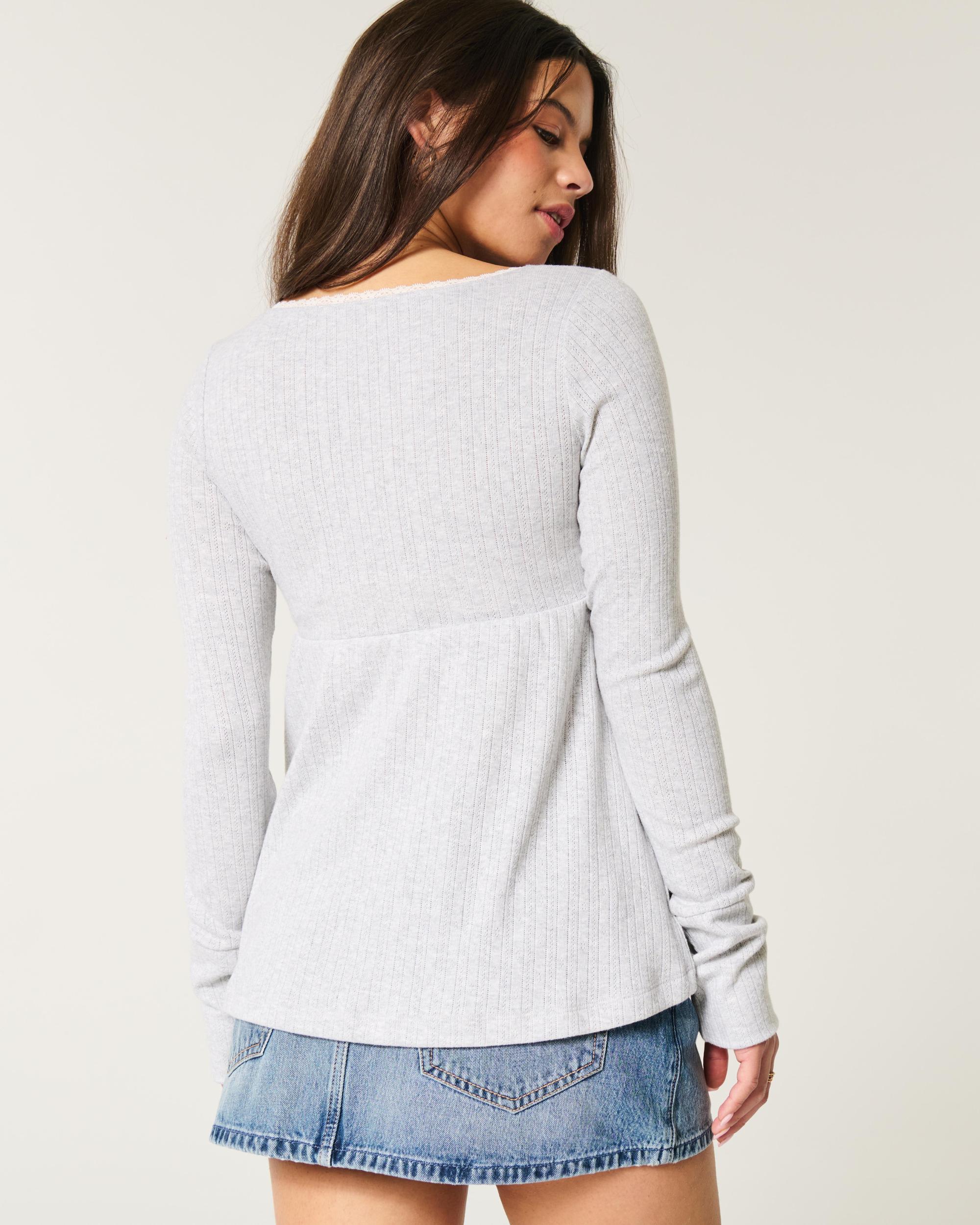 Easy Long-Sleeve Pointelle Babydoll Top Product Image