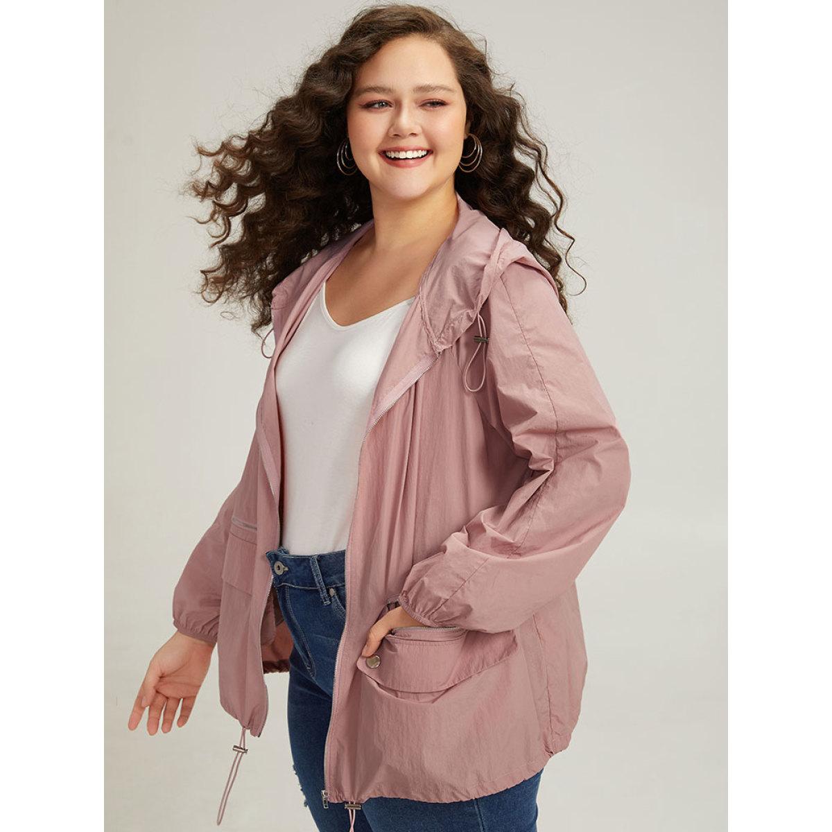 Plus Size Plain Hooded Pocket Zipper Fly Drawstring Jacket Women Rouge Plain Pocket Dailywear Jackets BloomChic 14-16/1X Product Image