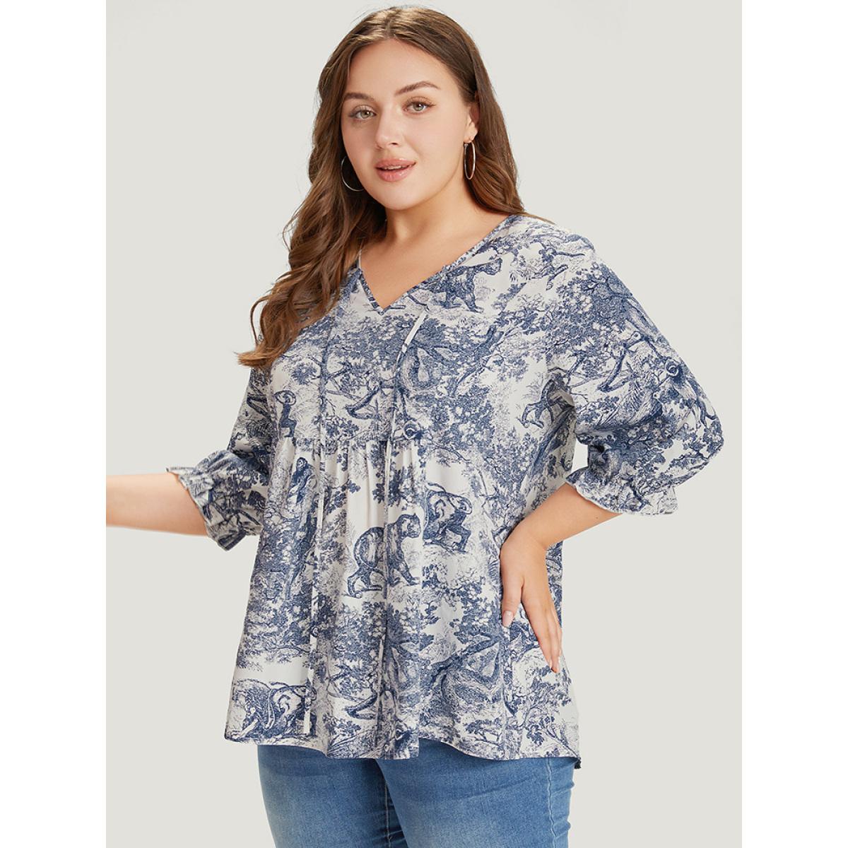 Plus Size Multicolor Print Knot Neck Lantern Sleeve Ruffle Hem Blouse Women Vacation Half Sleeve V-neck Dailywear Blouses BloomChic 18-20/2X Product Image